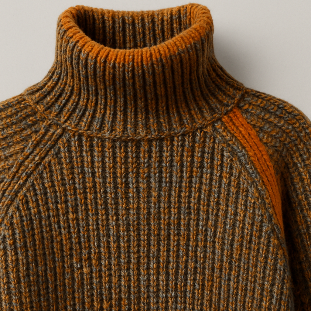 Ribbed knit turtleneck sweater with contrast trim on collar, cuffs, hem, and sleeves, designed for warm casual wear