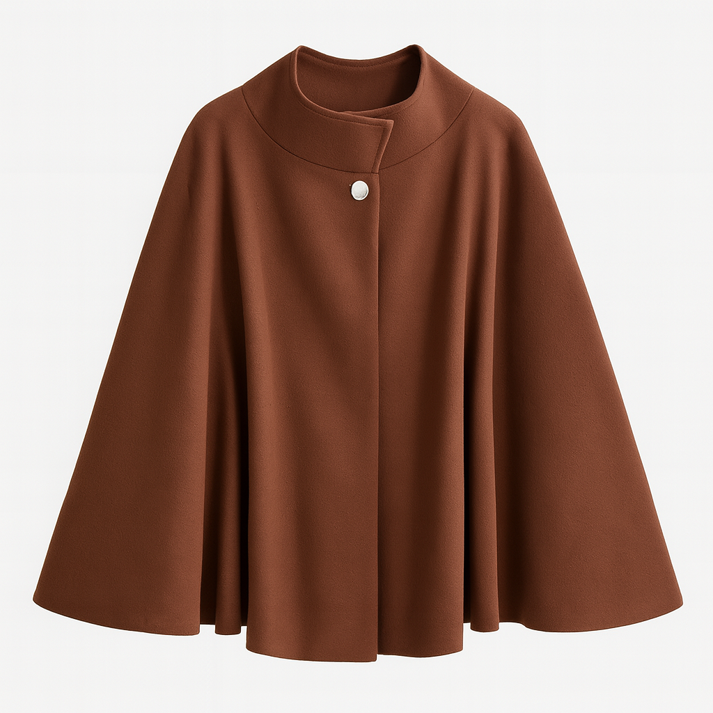 Wool-blend cape coat with high collar, pearl button, and belted waist