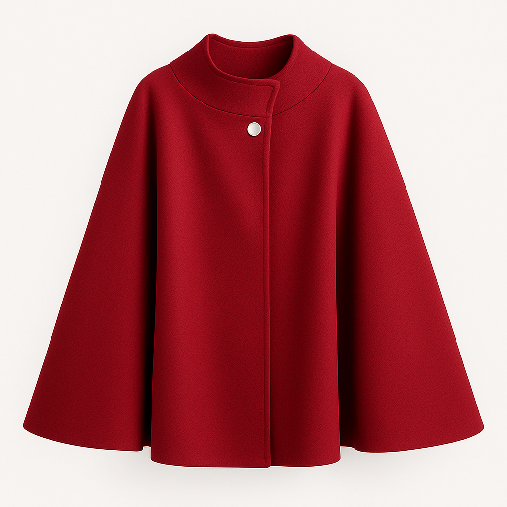 Wool-blend cape coat with high collar, pearl button, and belted waist