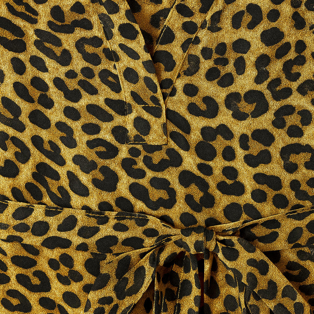 Short-sleeve V-neck midi dress with allover leopard print and a waist tie belt.