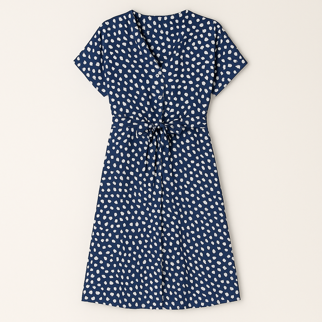 Short-sleeve V-neck midi dress with allover leopard print and a waist tie belt.