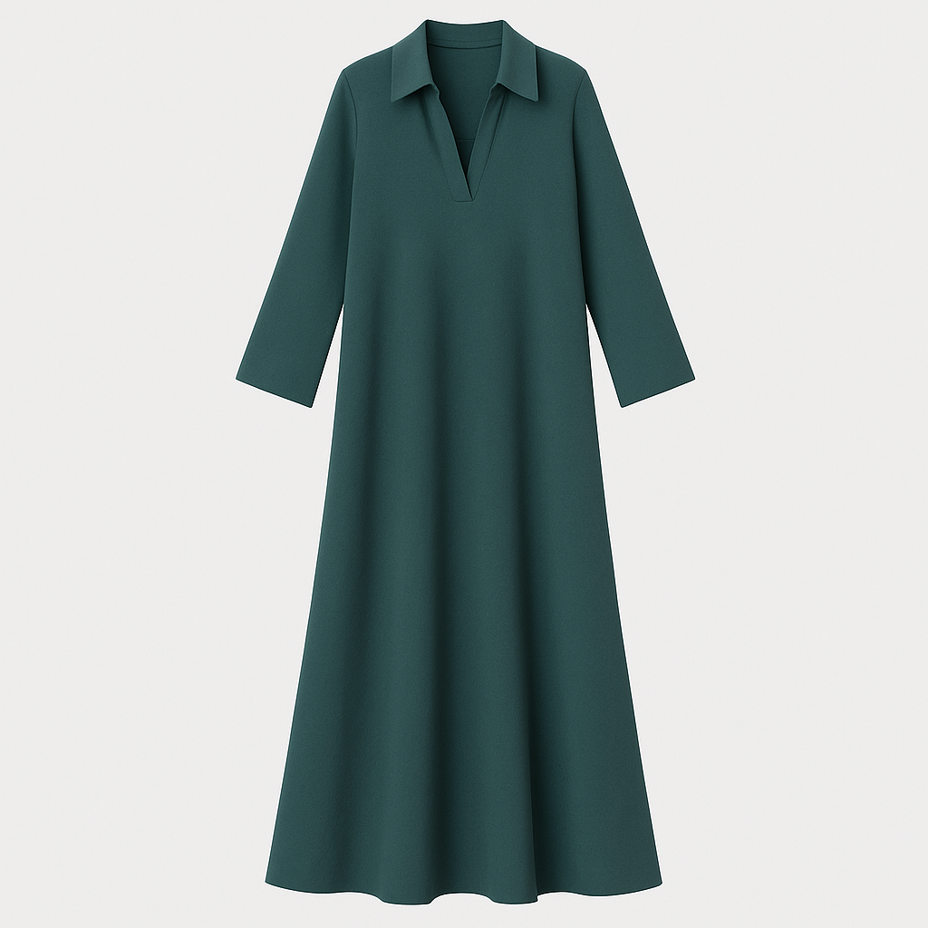 A long-sleeve, ankle-length dress with a flared silhouette, collared neckline, and V-shaped opening at the chest.