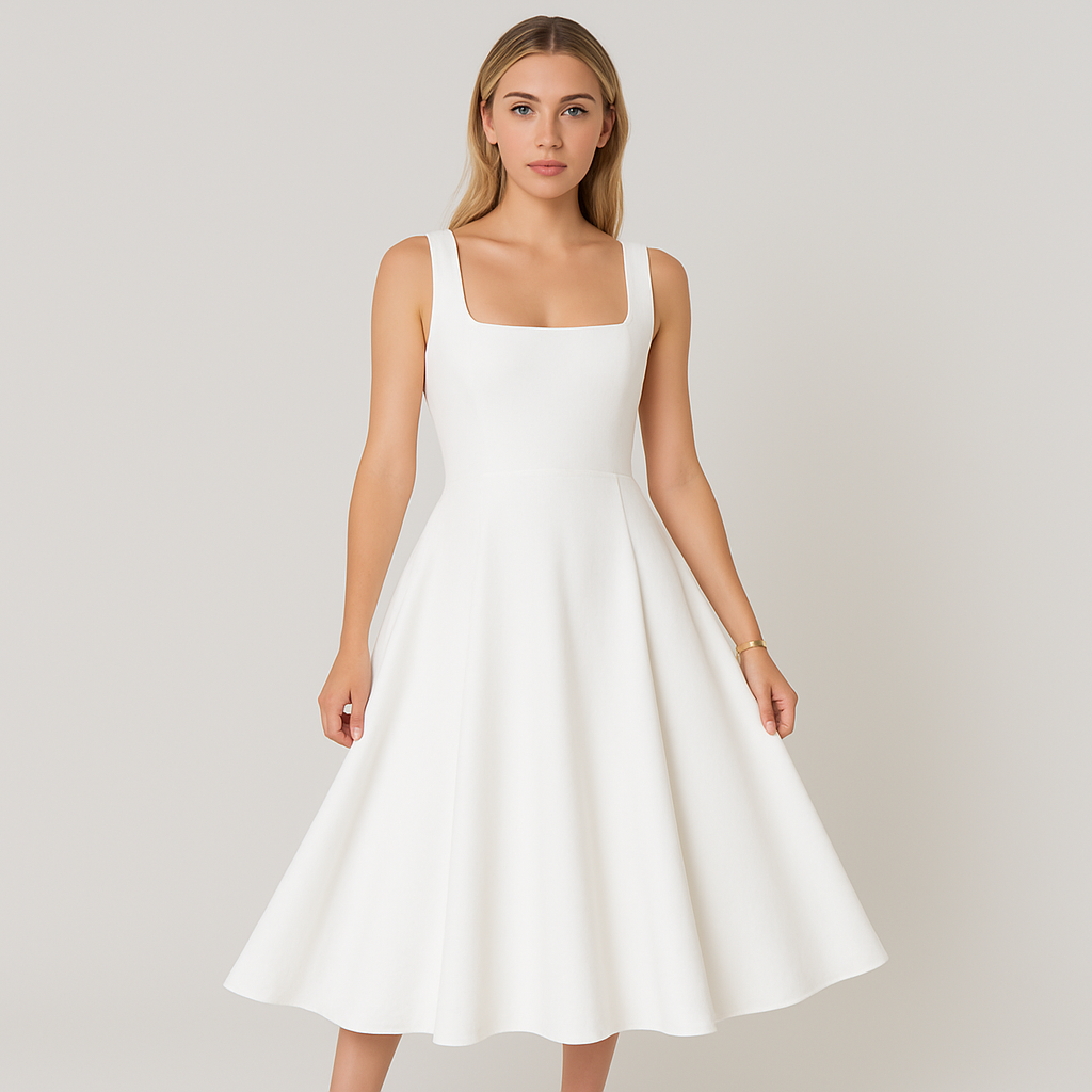 Midi dress with a square neckline, fitted bodice, and flared A-line skirt