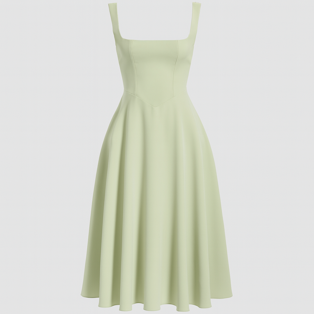 Midi dress with a square neckline, fitted bodice, and flared A-line skirt