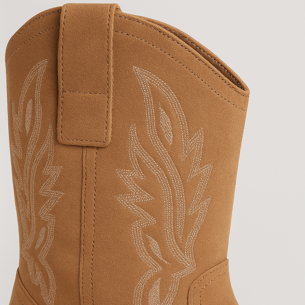 Mid-calf Western boots with embroidered design, pull-on tabs, and block heel for everyday casual wear.