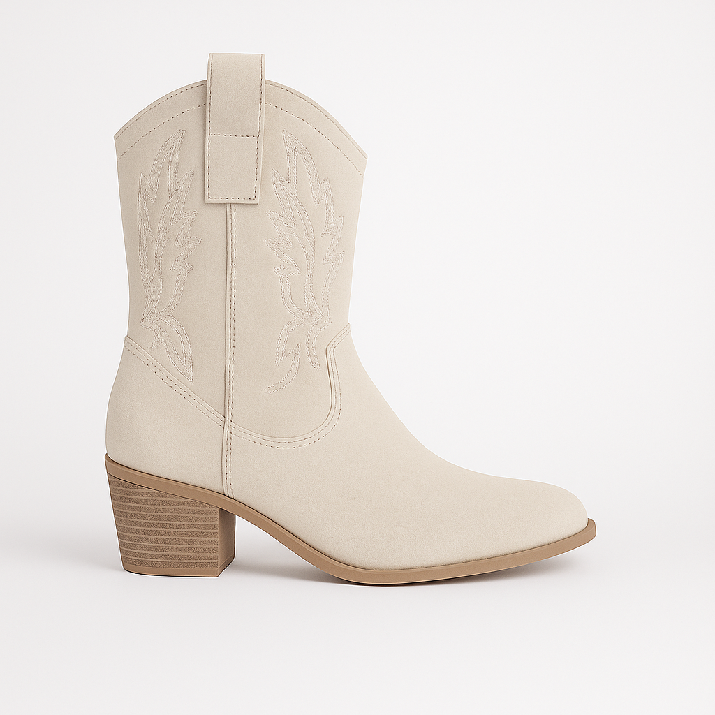 Mid-calf Western boots with embroidered design, pull-on tabs, and block heel for everyday casual wear.