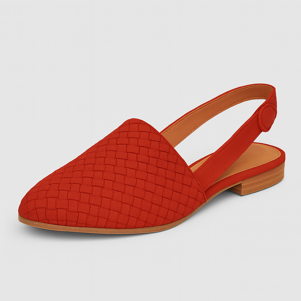 Closed-toe woven flat shoe with slingback strap, buckle closure, and low stacked heel.