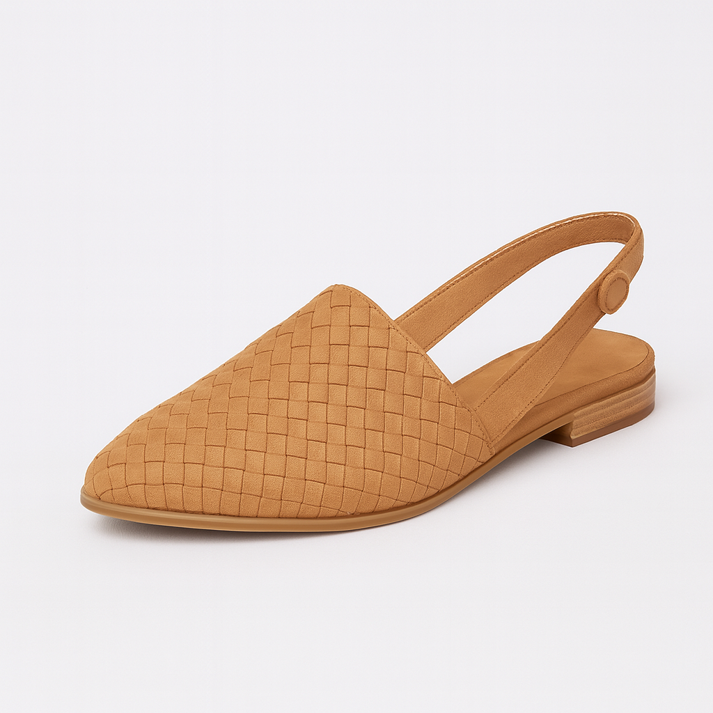 Closed-toe woven flat shoe with slingback strap, buckle closure, and low stacked heel.