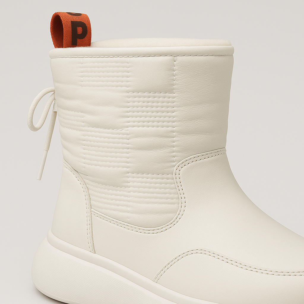 High-top lace-up boots with thick sole, padded design, and pull tab for sporty winter wear