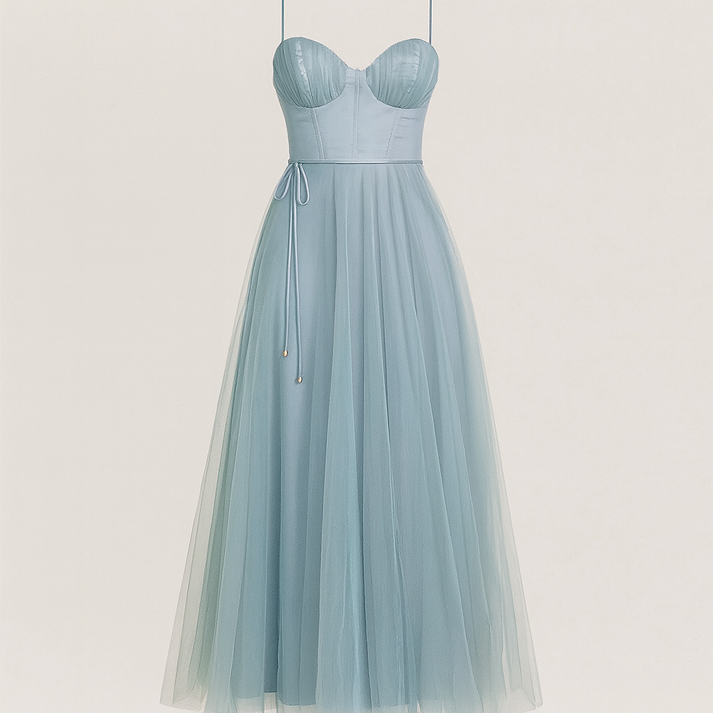 Tulle midi dress with fitted corset bodice, sweetheart neckline, and layered flowing skirt