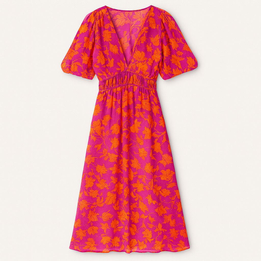 Bright pink and orange floral midi dress with puff sleeves, deep V-neckline, and flowy skirt, styled with neutral heels and a clutch.