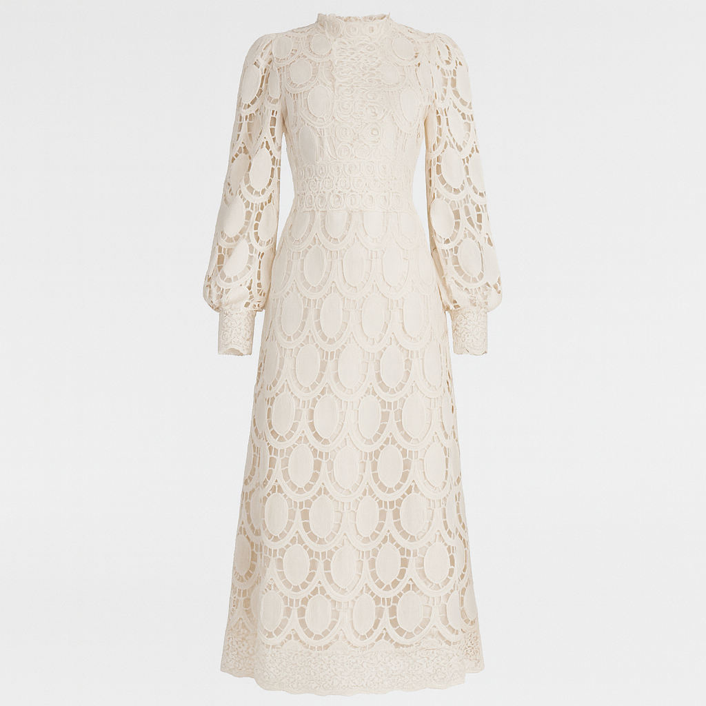 The Elara Lace Midi Dress – Dress – Beige – Lila Faye