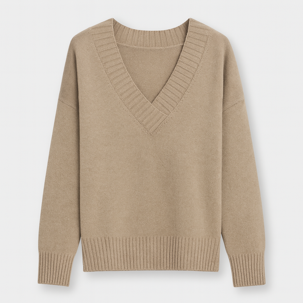 The Livia V-Neck Knit Sweater – Sweaters – Beige – Lila Faye