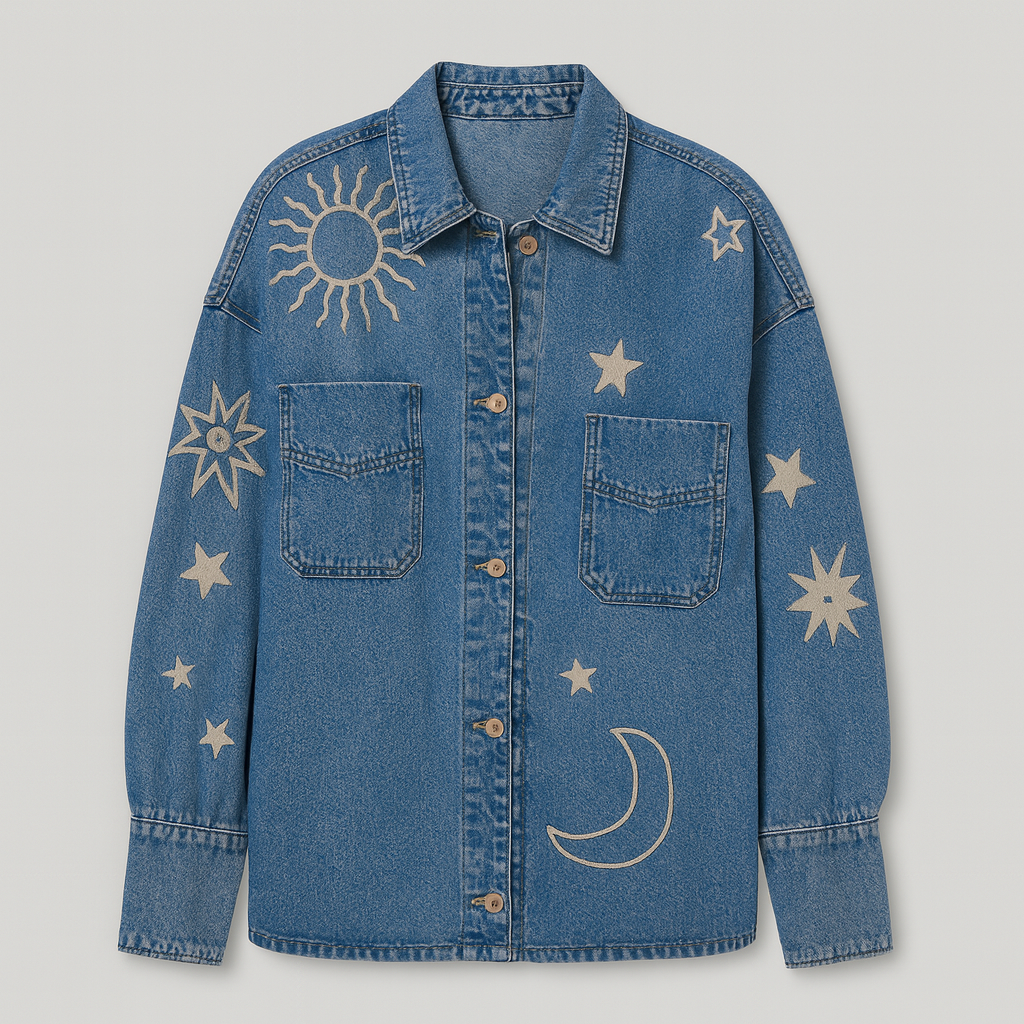Oversized denim jacket with embroidered sun, moon, and star motifs, styled casually with white boho pieces.