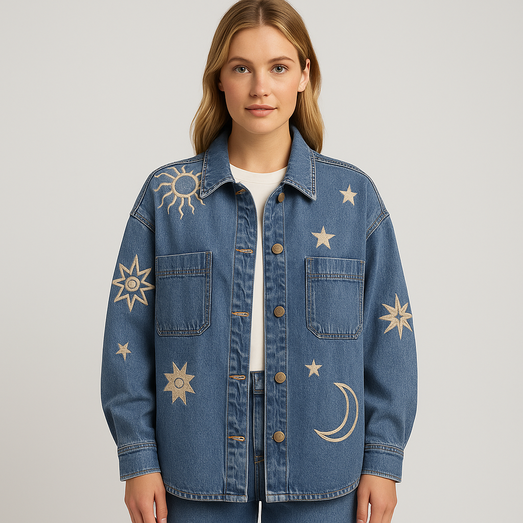 Oversized denim jacket with embroidered sun, moon, and star motifs, styled casually with white boho pieces.