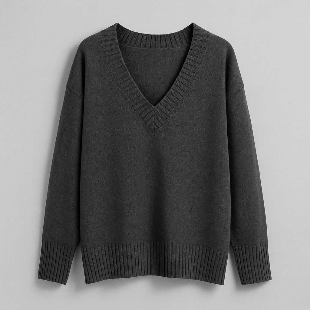 The Livia V-Neck Knit Sweater – Sweaters – Dark Grey – Lila Faye