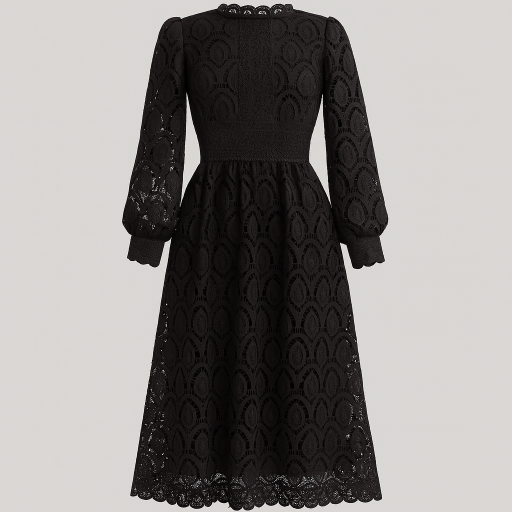 Lace midi dress with high neckline, long sheer sleeves, and scalloped hem