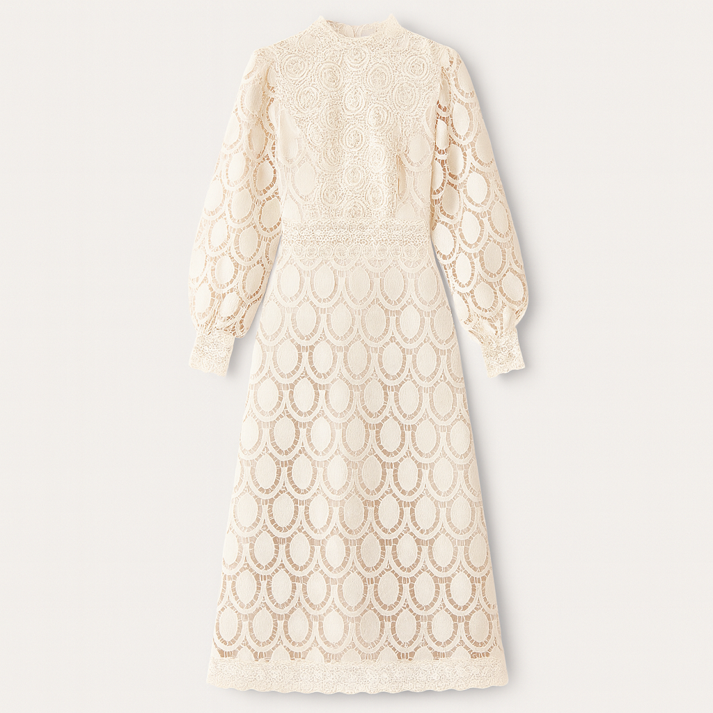 Lace midi dress with high neckline, long sheer sleeves, and scalloped hem
