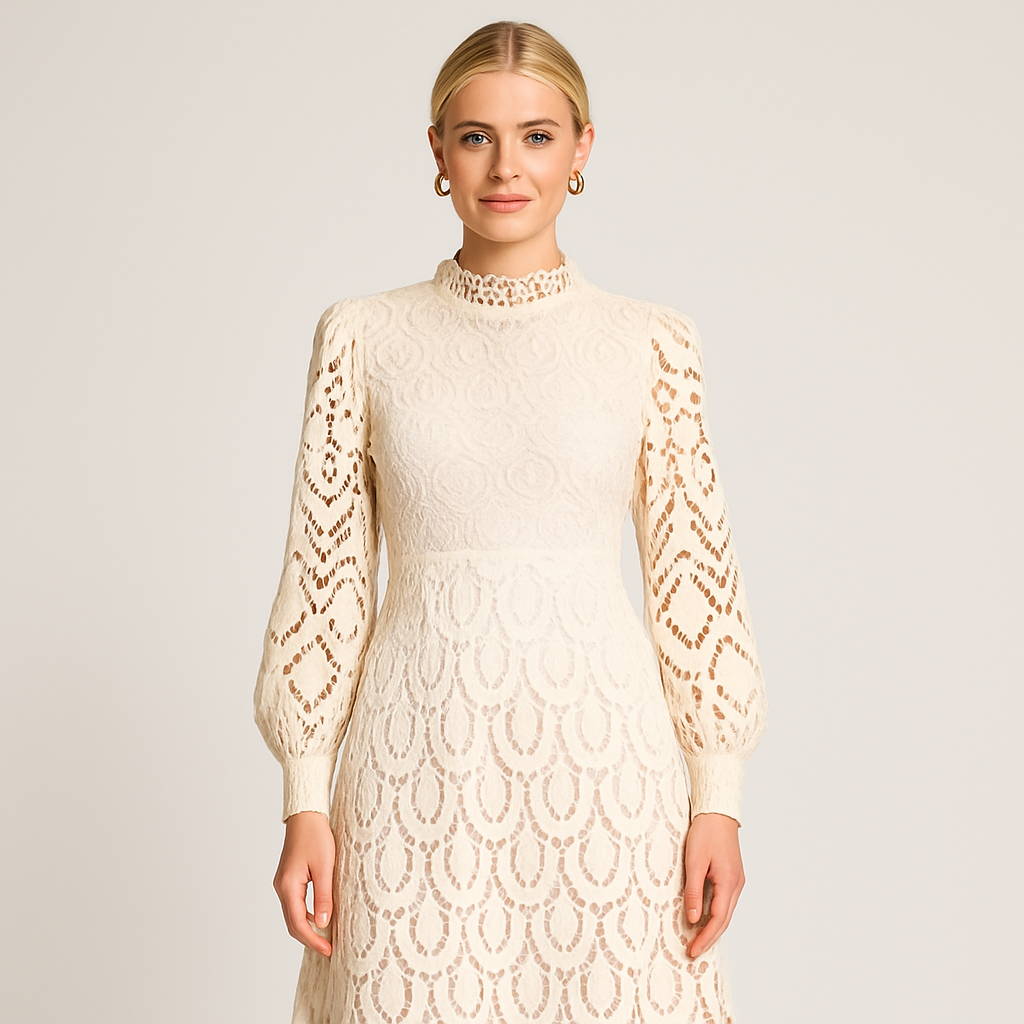 Lace midi dress with high neckline, long sheer sleeves, and scalloped hem