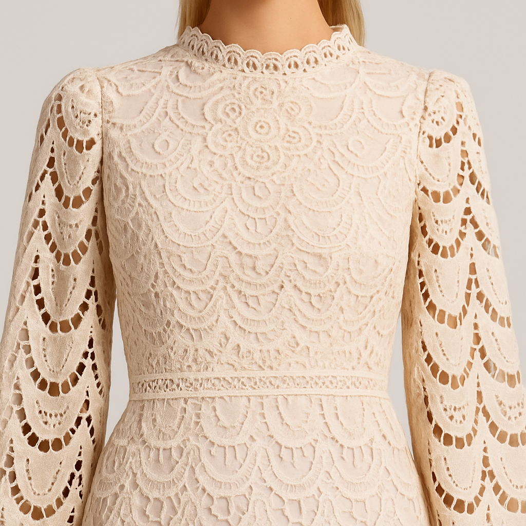 Lace midi dress with high neckline, long sheer sleeves, and scalloped hem