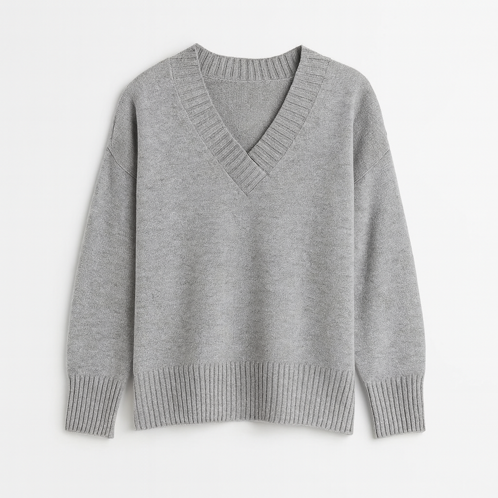 The Livia V-Neck Knit Sweater – Sweaters – Gray – Lila Faye