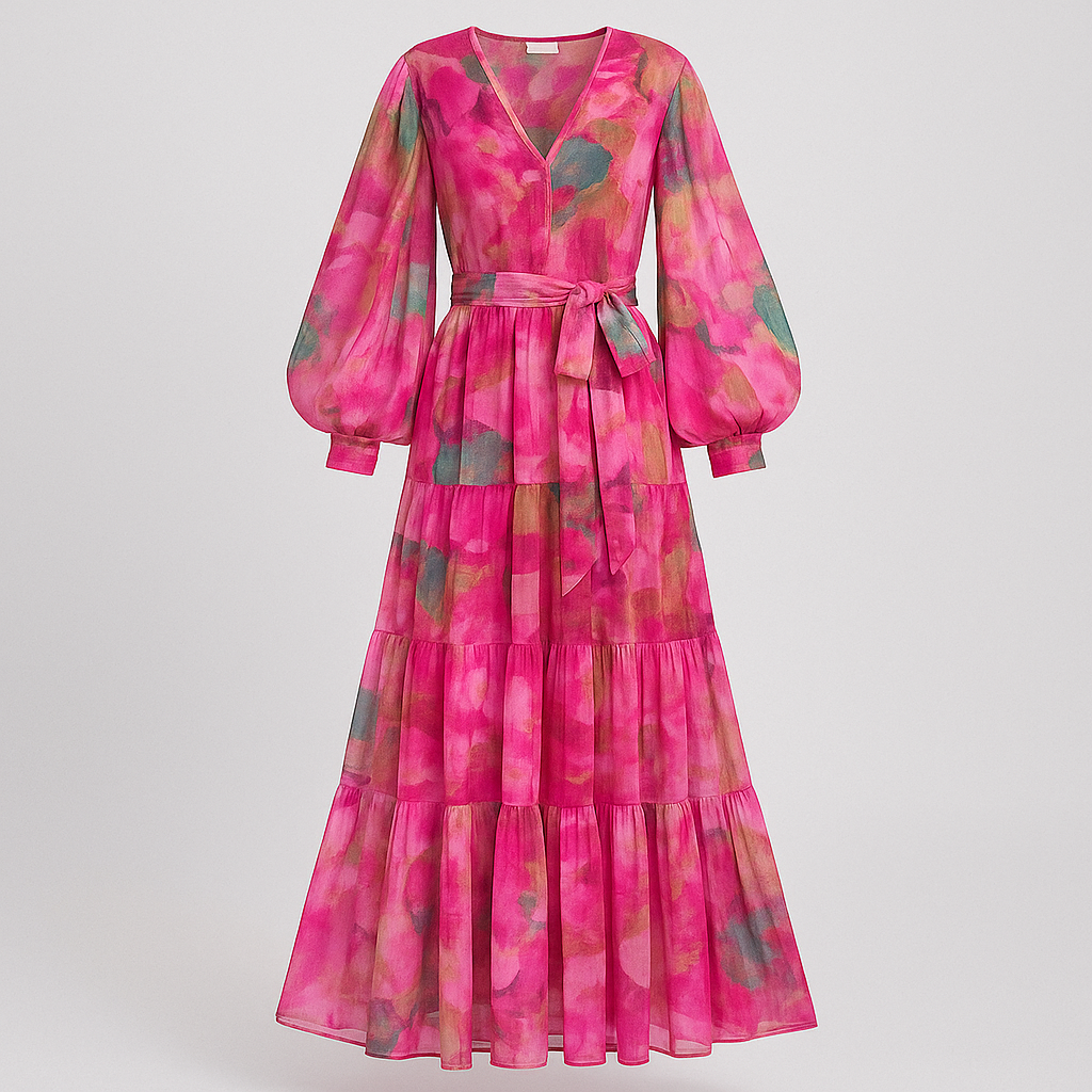 Flowing watercolor-print maxi dress in shades of pink, green, and coral with V-neckline, belted waist, and billowy sleeves.