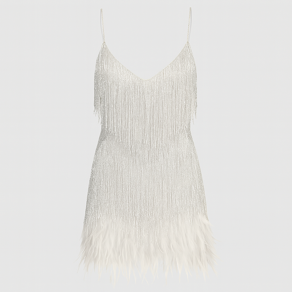 Mini dress with fringe layers and feather-trim hem, featuring spaghetti straps and styled for an elegant evening look.