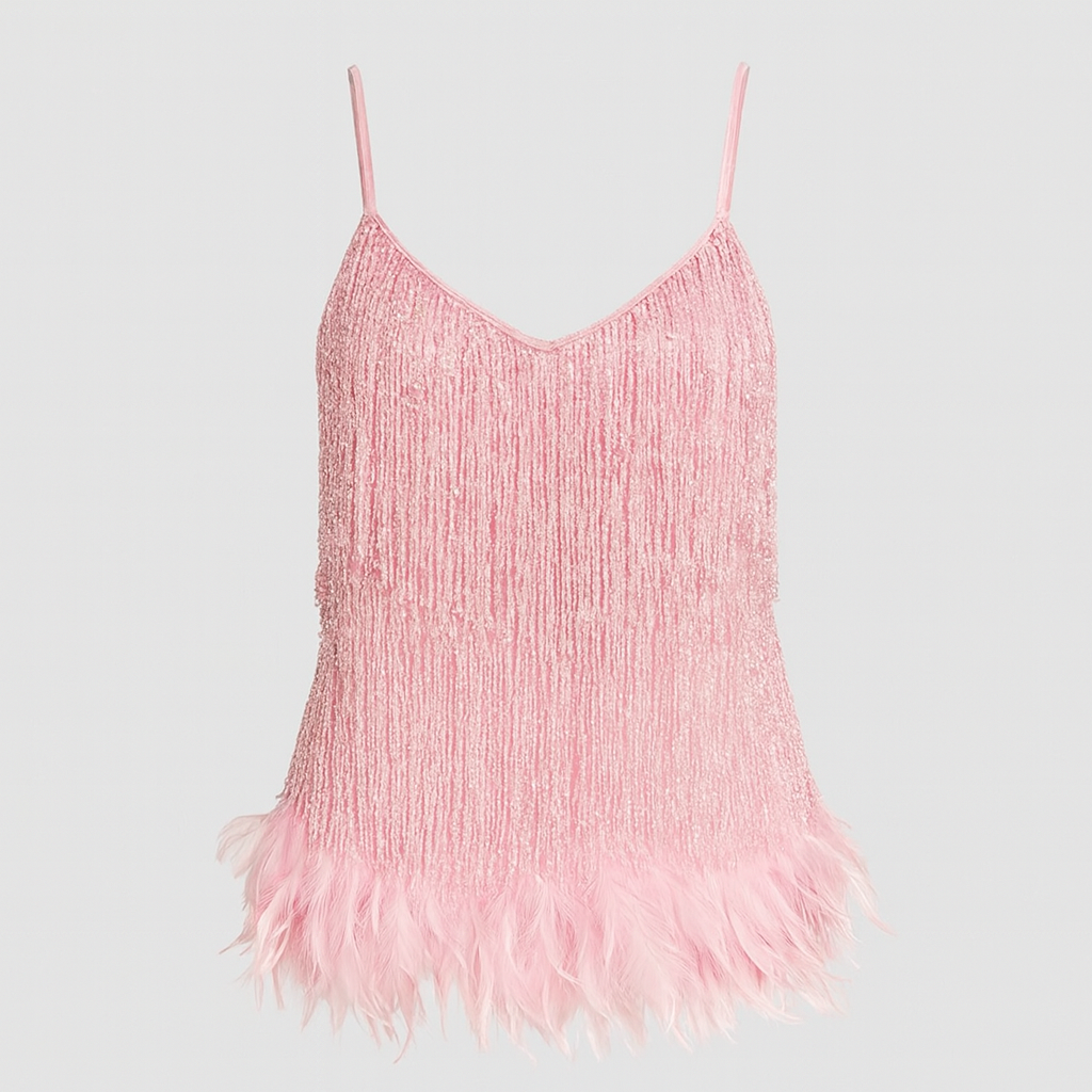 Mini dress with fringe layers and feather-trim hem, featuring spaghetti straps and styled for an elegant evening look.