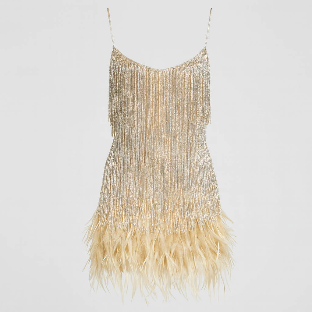 Mini dress with fringe layers and feather-trim hem, featuring spaghetti straps and styled for an elegant evening look.