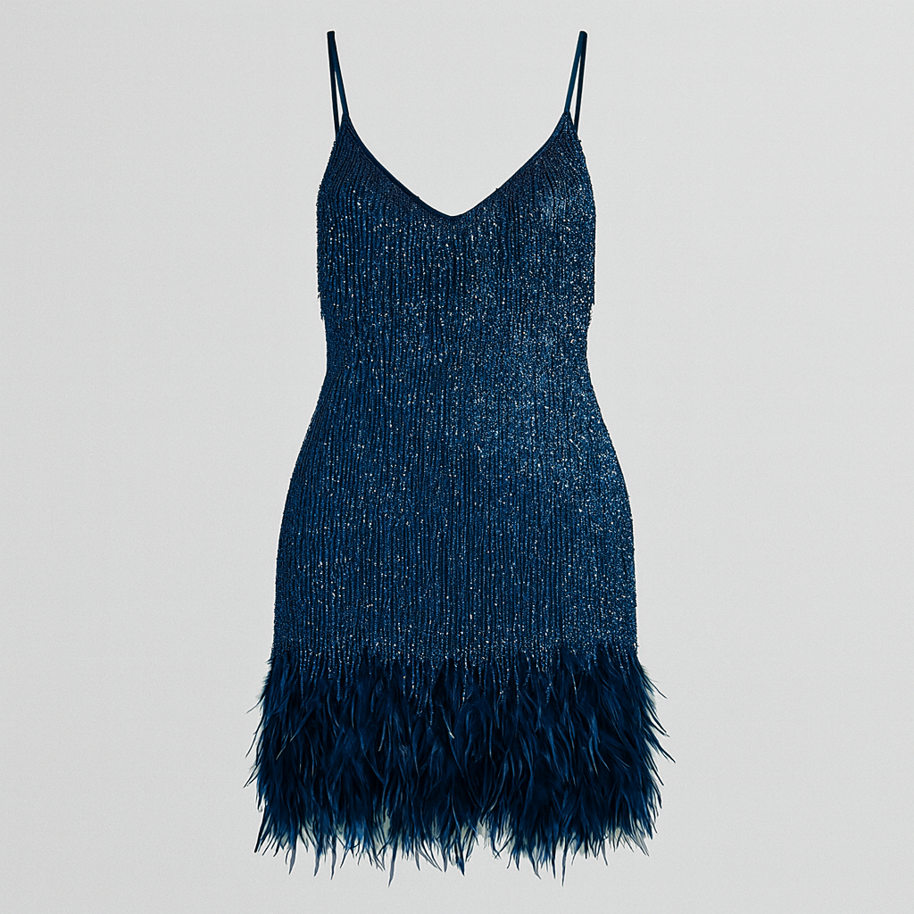 Mini dress with fringe layers and feather-trim hem, featuring spaghetti straps and styled for an elegant evening look.