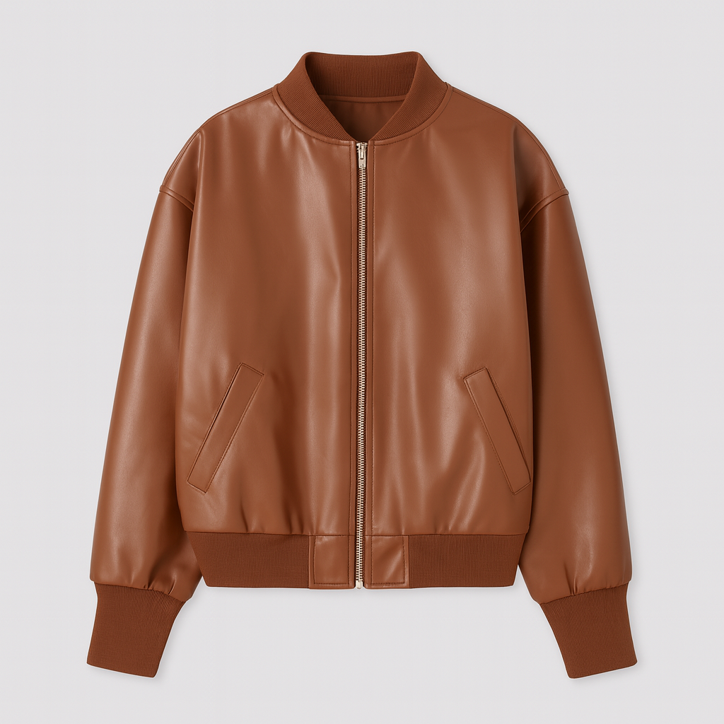 Brown faux leather bomber jacket with ribbed collar, cuffs, and hem, styled casually with jeans and a white crop top.
