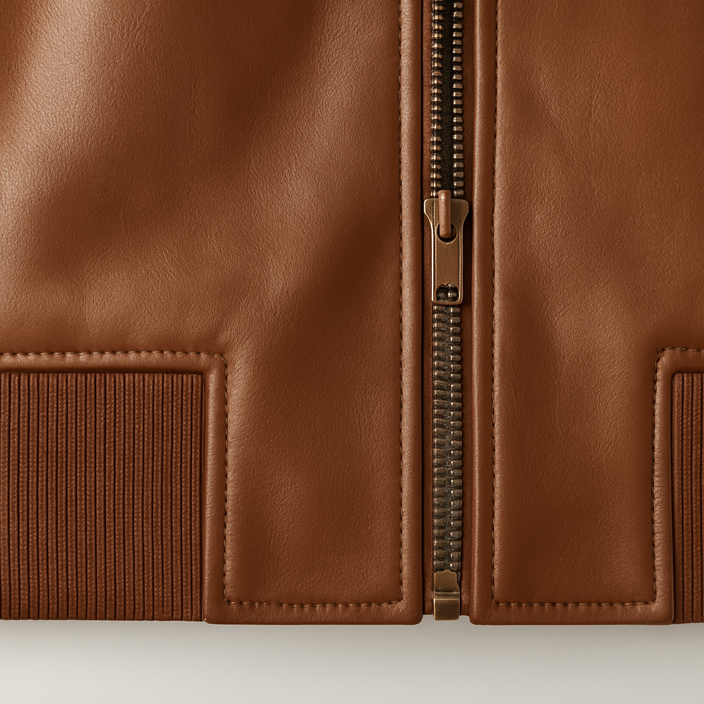 Brown faux leather bomber jacket with ribbed collar, cuffs, and hem, styled casually with jeans and a white crop top.