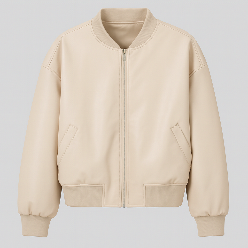 Brown faux leather bomber jacket with ribbed collar, cuffs, and hem, styled casually with jeans and a white crop top.