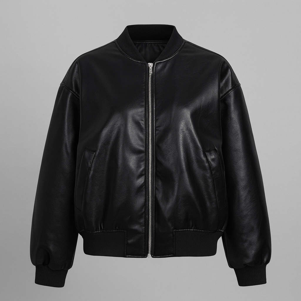 Brown faux leather bomber jacket with ribbed collar, cuffs, and hem, styled casually with jeans and a white crop top.