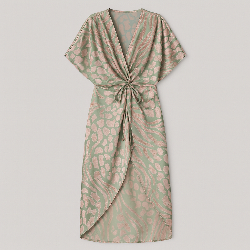 Satin wrap-style maxi dress in sage green with metallic pink abstract print, deep V-neckline, short sleeves, and draped waist detail.