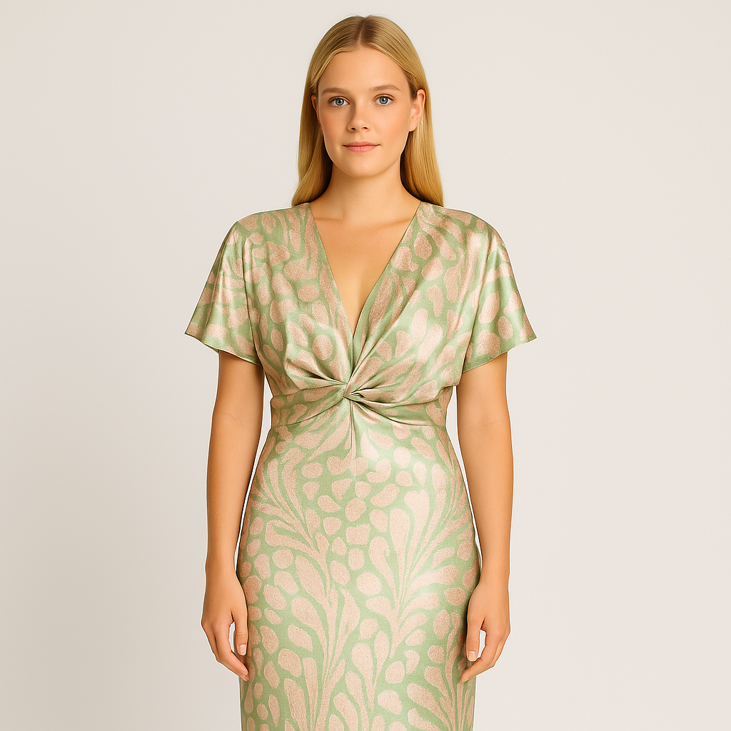 Satin wrap-style maxi dress in sage green with metallic pink abstract print, deep V-neckline, short sleeves, and draped waist detail.