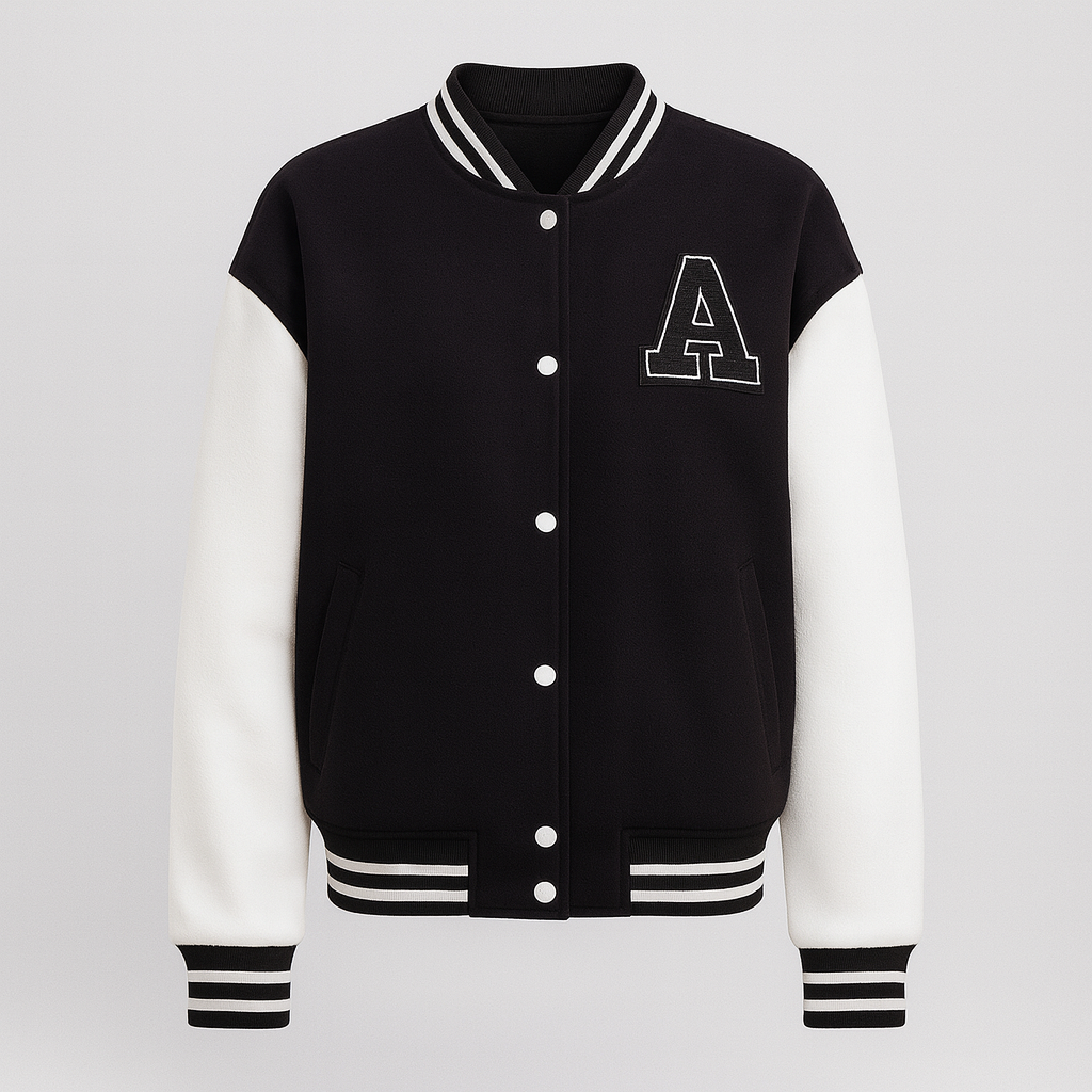 Black and white oversized varsity jacket with striped ribbed trim and bold “A” patch, styled with jeans and a crop top.
Additional Details: