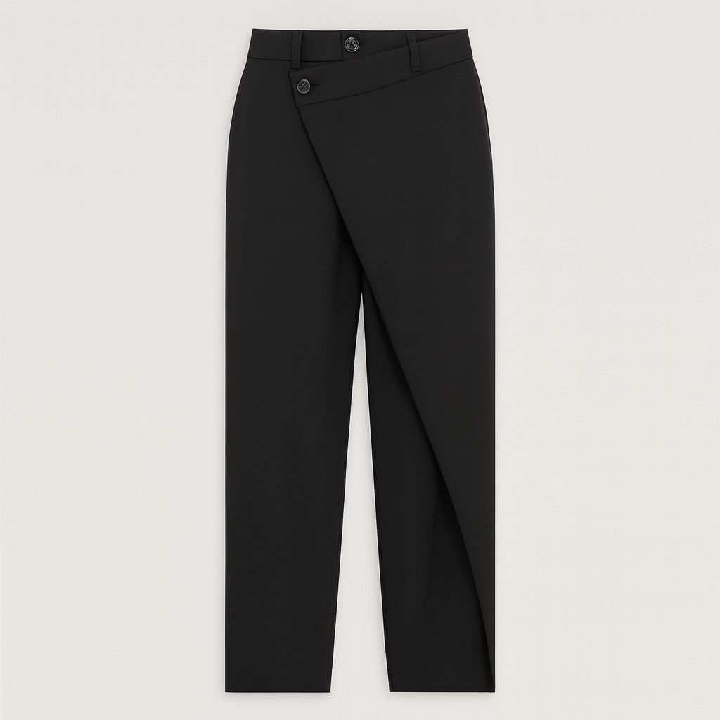 Tailored trousers with asymmetrical wrap-over front detail, single button closure, and cuffed hem, designed for contemporary formal wear