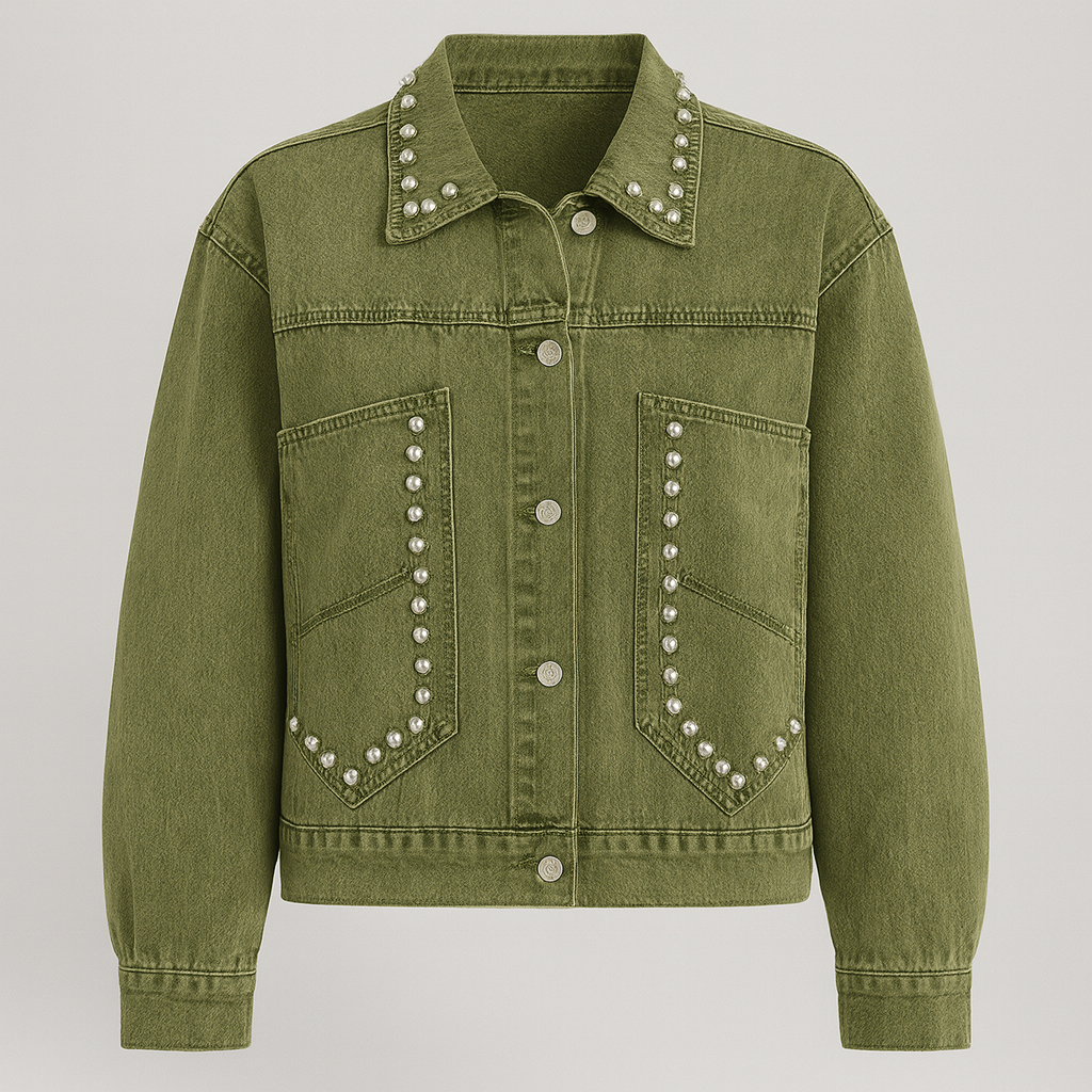 Olive green cropped denim jacket with rhinestone embellishments, styled with distressed shorts and layered jewelry.