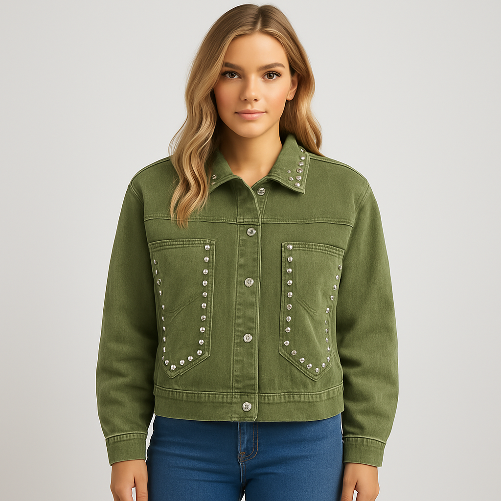 Olive green cropped denim jacket with rhinestone embellishments, styled with distressed shorts and layered jewelry.
