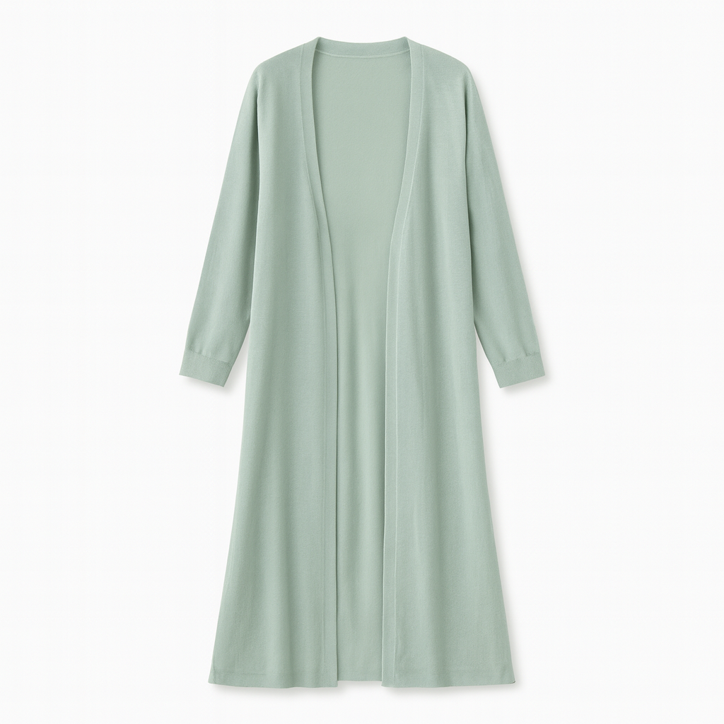 Long open-front cardigan with full-length drape, long sleeves, and relaxed fit, designed for layering and casual wear