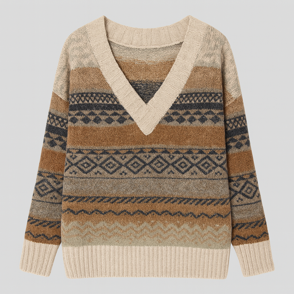 V-neck knit sweater with ribbed trim and multi-patterned horizontal stripes in geometric and zigzag designs, styled for cozy casual wear