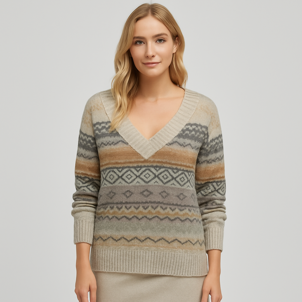 V-neck knit sweater with ribbed trim and multi-patterned horizontal stripes in geometric and zigzag designs, styled for cozy casual wear