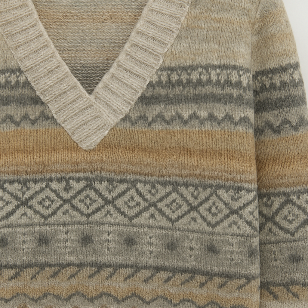 V-neck knit sweater with ribbed trim and multi-patterned horizontal stripes in geometric and zigzag designs, styled for cozy casual wear