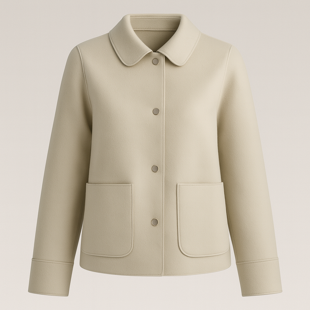 Beige tailored jacket with front buttons, large patch pockets, and a clean silhouette, styled with a black turtleneck and cream pants.