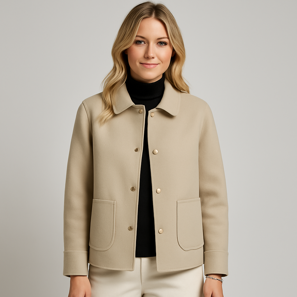 Beige tailored jacket with front buttons, large patch pockets, and a clean silhouette, styled with a black turtleneck and cream pants.