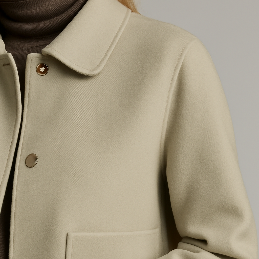 Beige tailored jacket with front buttons, large patch pockets, and a clean silhouette, styled with a black turtleneck and cream pants.