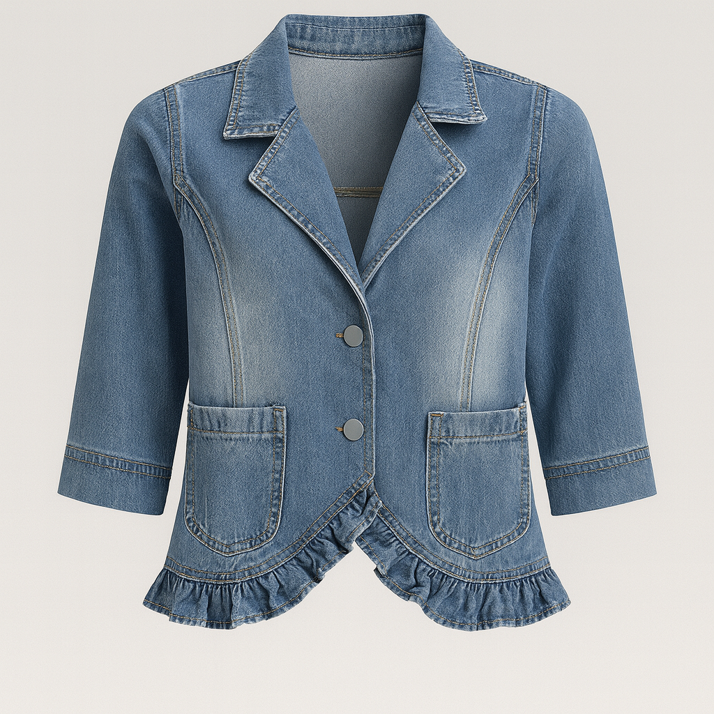 Light blue cropped denim jacket with ruffle hem detailing and three-quarter sleeves, styled with a white tank and white pants.