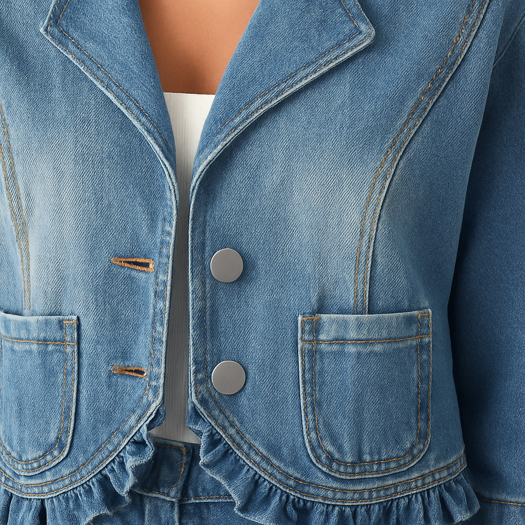 Light blue cropped denim jacket with ruffle hem detailing and three-quarter sleeves, styled with a white tank and white pants.