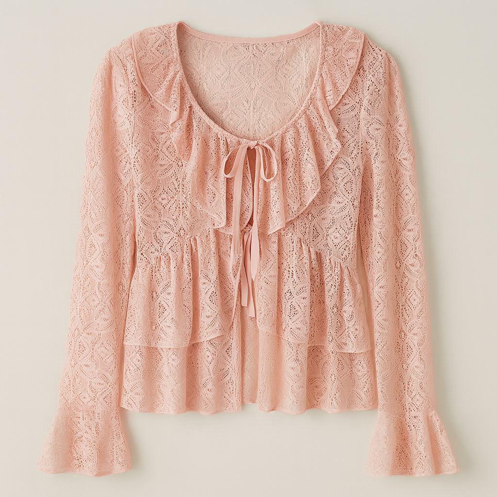 The Emilia Lace Ruffle Top – – Pink–Lila Faye